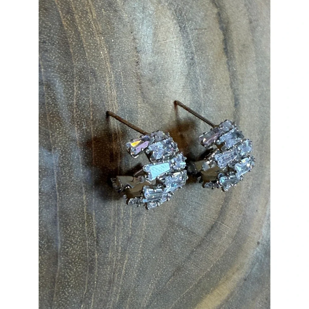 Silver Baguette‎ Cubic Zirconia C-Hoop Earrings Clear Stone Huggie Post Back NEW